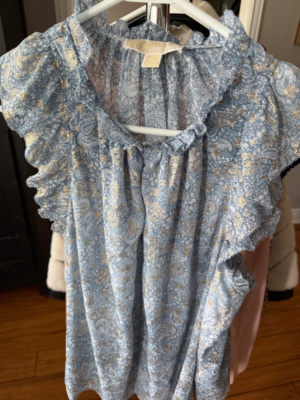 MICHAEL Michael Kors Light Blue & Gold Paisley Ruffle Top